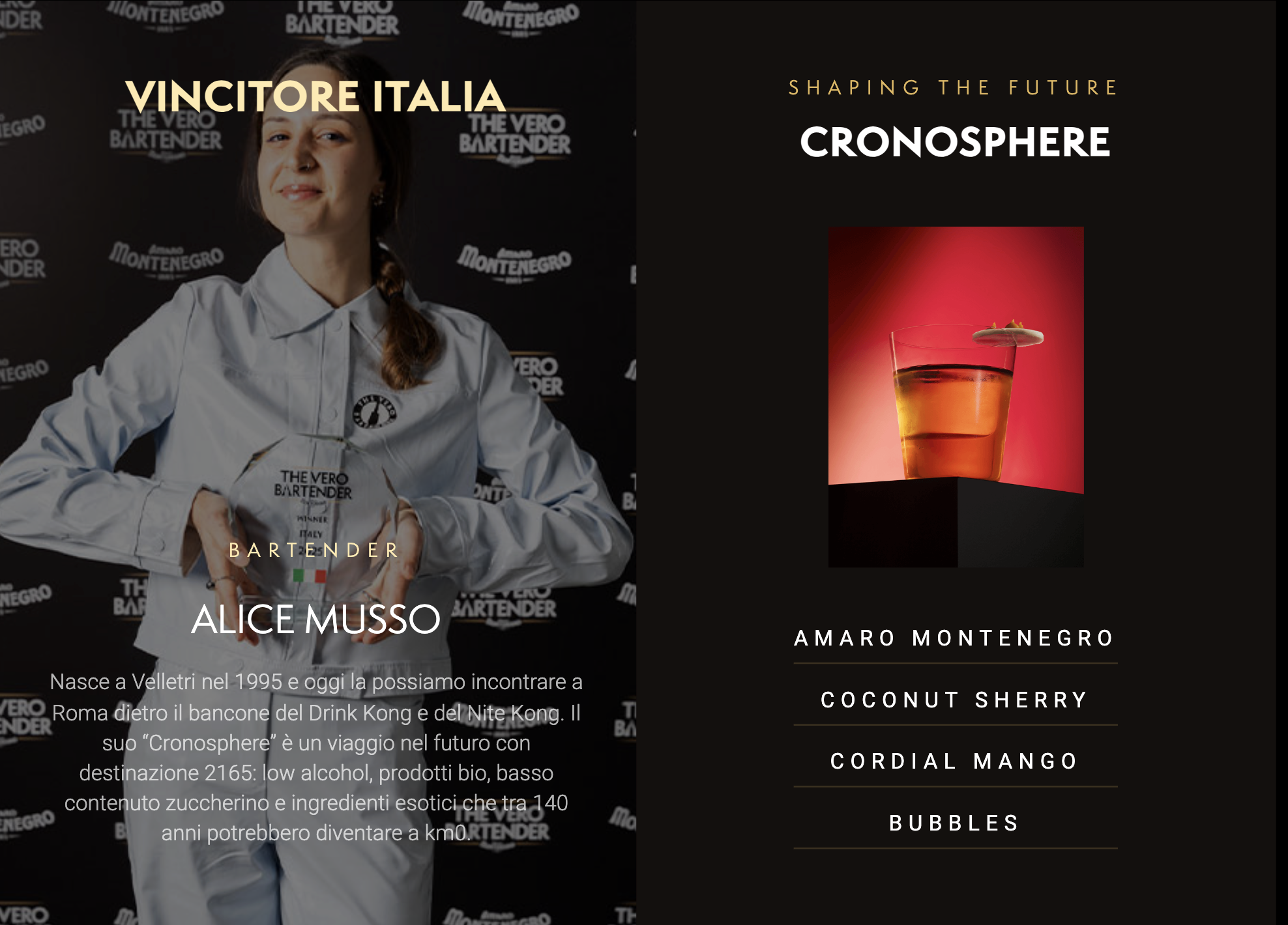 Image describing the Italian winner: BARTENDER ALICE MUSSO, born in Velletri in 1995. Today she can be met at Drink Kong and Nite Kong in Rome. Her 'Cronosphere' is a journey to the future with destination 2165: low alcohol, organic products, low sugar content, and exotic ingredients that in 140 years could become locally sourced. Includes main ingredient descriptions.